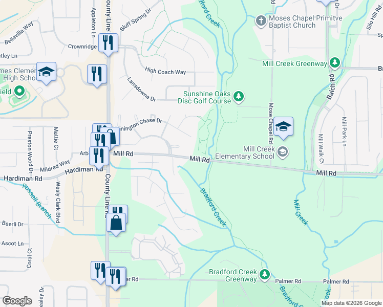 map of restaurants, bars, coffee shops, grocery stores, and more near 1001 Mill Road in Madison