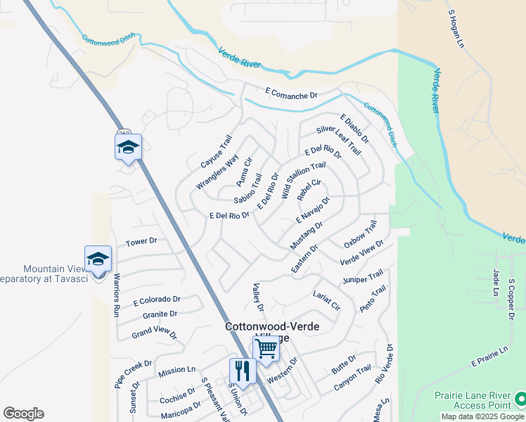 map of restaurants, bars, coffee shops, grocery stores, and more near 4021 East Del Rio Drive in Cottonwood