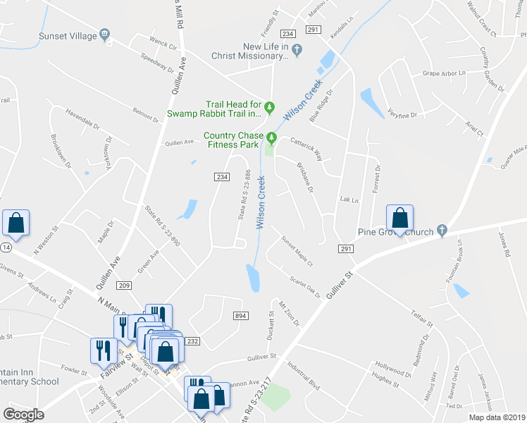 map of restaurants, bars, coffee shops, grocery stores, and more near 610 Sunset Mapple Court in Fountain Inn