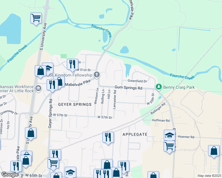 map of restaurants, bars, coffee shops, grocery stores, and more near 55 Hill Lane in Little Rock