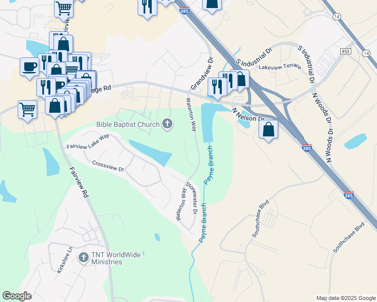 map of restaurants, bars, coffee shops, grocery stores, and more near 12 Heather Stone Court in Simpsonville