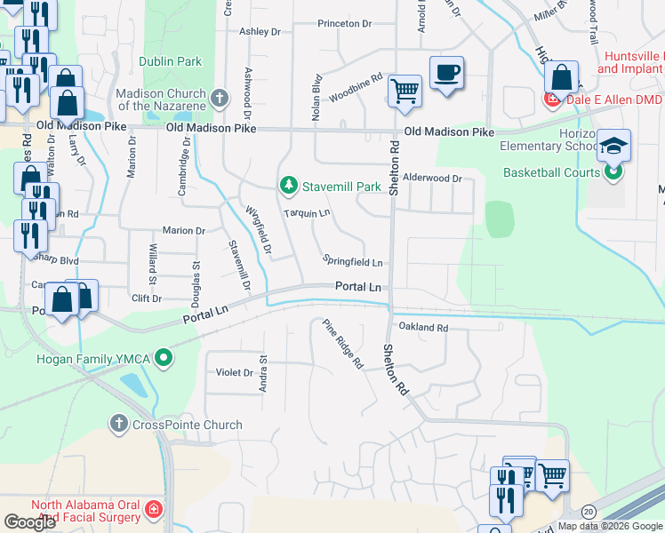 map of restaurants, bars, coffee shops, grocery stores, and more near 118 Springfield Lane in Madison