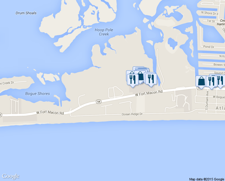 map of restaurants, bars, coffee shops, grocery stores, and more near 109 Bay Ridge Drive in Atlantic Beach