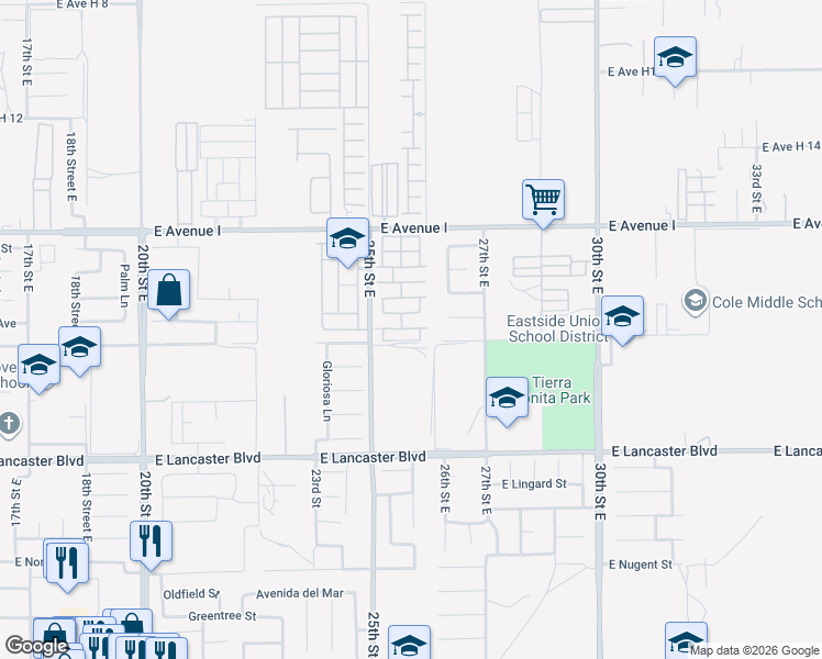 map of restaurants, bars, coffee shops, grocery stores, and more near 2550 East Avenue H10 in Lancaster