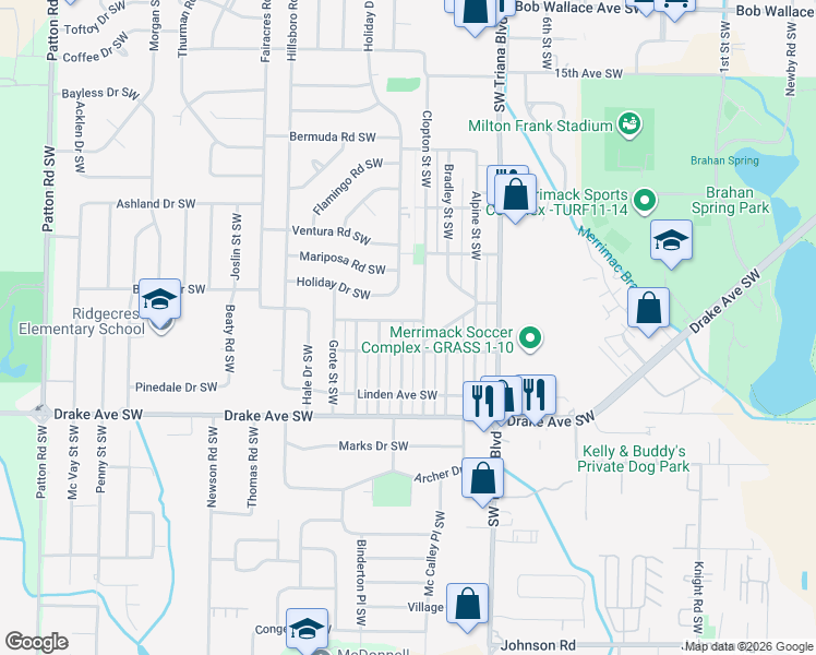 map of restaurants, bars, coffee shops, grocery stores, and more near 3503 Dubose Street Southwest in Huntsville
