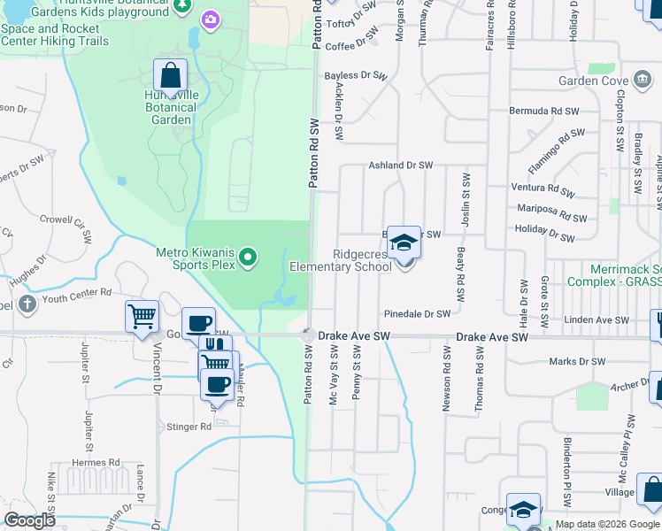 map of restaurants, bars, coffee shops, grocery stores, and more near 3608 Mc Vay Street Southwest in Huntsville