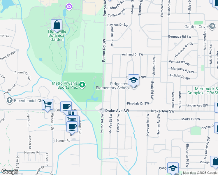 map of restaurants, bars, coffee shops, grocery stores, and more near 3608 Mc Vay Street Southwest in Huntsville