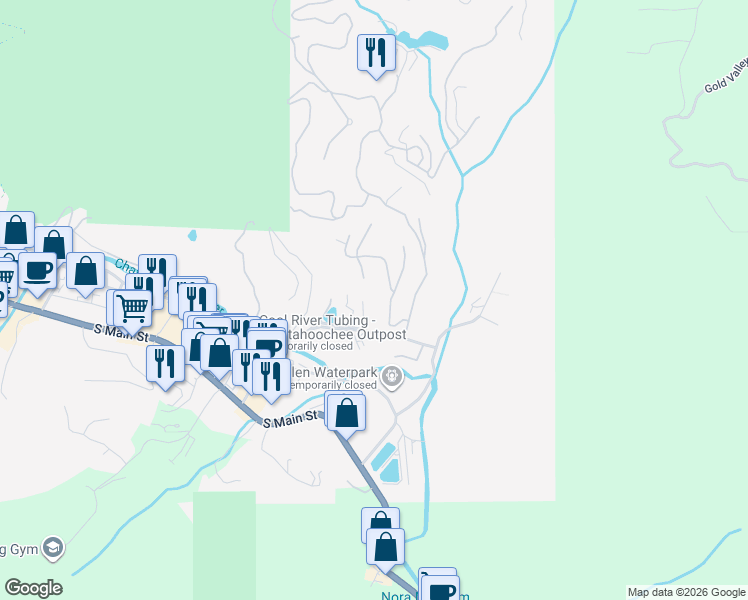map of restaurants, bars, coffee shops, grocery stores, and more near 54 Kuvasz Weg in Helen