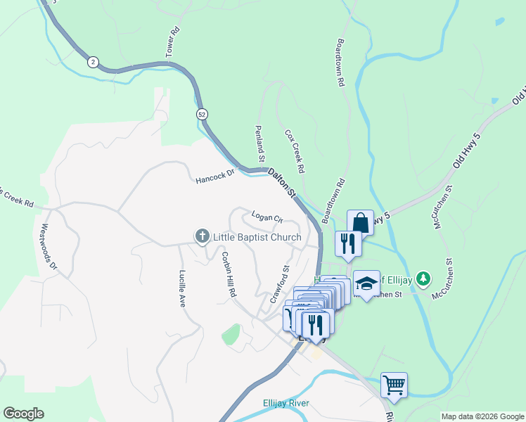map of restaurants, bars, coffee shops, grocery stores, and more near 126 Logan Circle in Ellijay
