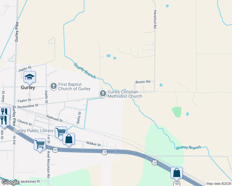 map of restaurants, bars, coffee shops, grocery stores, and more near 473 Sectionline Street in Gurley
