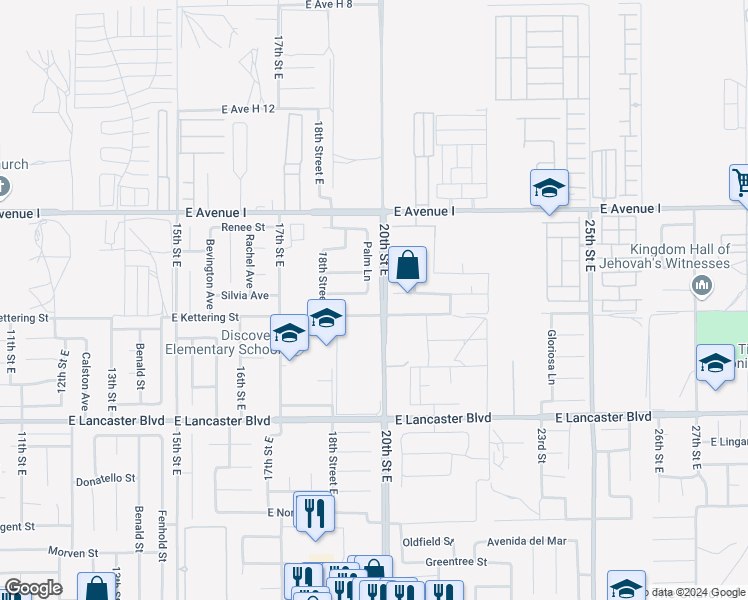 map of restaurants, bars, coffee shops, grocery stores, and more near 45028 Palm Lane in Lancaster
