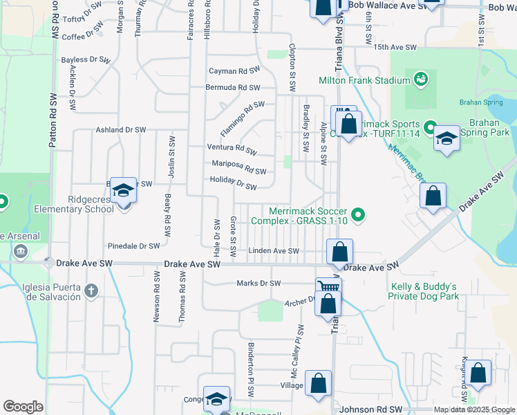 map of restaurants, bars, coffee shops, grocery stores, and more near 3500 Emm Ell Street Southwest in Huntsville