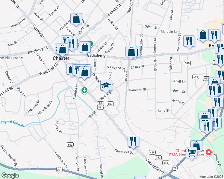 map of restaurants, bars, coffee shops, grocery stores, and more near 116 Hinton St in Chester