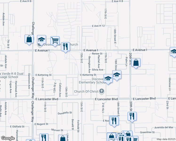 map of restaurants, bars, coffee shops, grocery stores, and more near 45021 Bevington Avenue in Lancaster