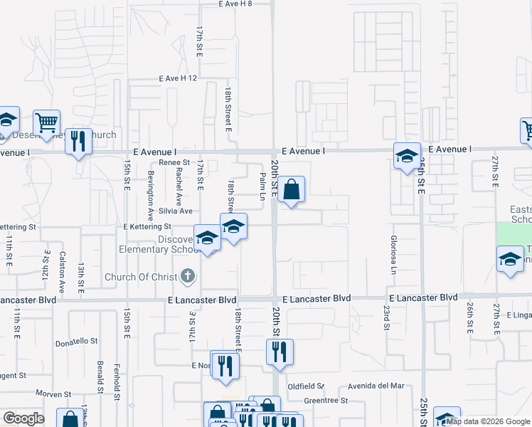 map of restaurants, bars, coffee shops, grocery stores, and more near 45028 Palm Lane in Lancaster