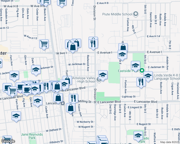 map of restaurants, bars, coffee shops, grocery stores, and more near 45018 Redwood Avenue in Lancaster