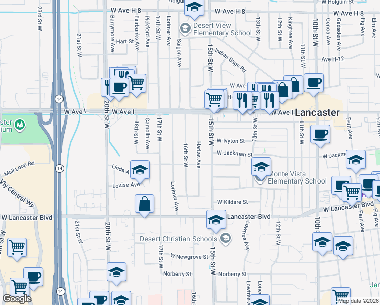 map of restaurants, bars, coffee shops, grocery stores, and more near 45026 16th Street West in Lancaster