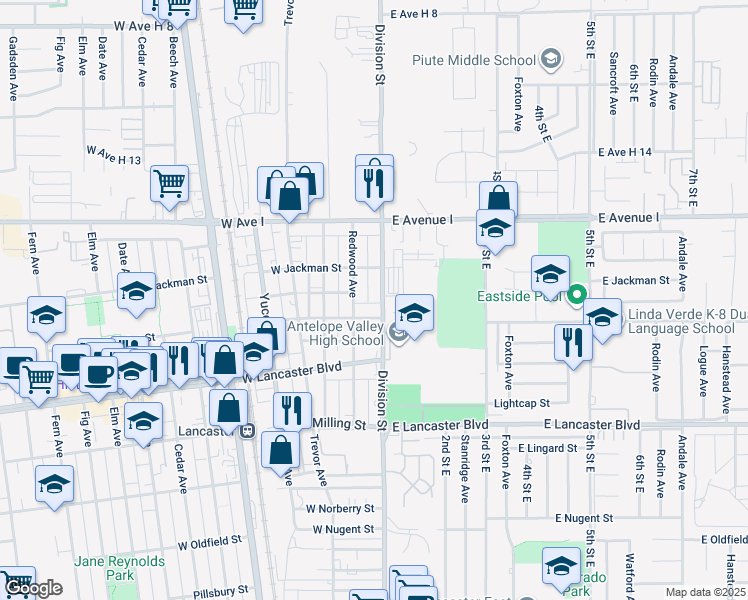 map of restaurants, bars, coffee shops, grocery stores, and more near 45019 Division Street in Lancaster