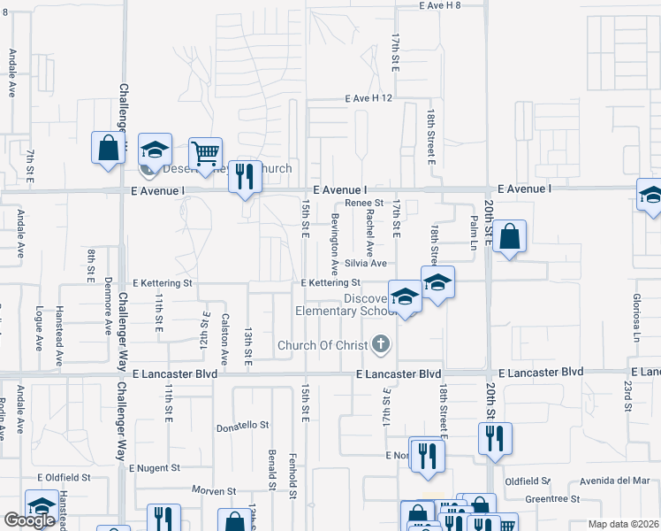 map of restaurants, bars, coffee shops, grocery stores, and more near 45021 Bevington Avenue in Lancaster