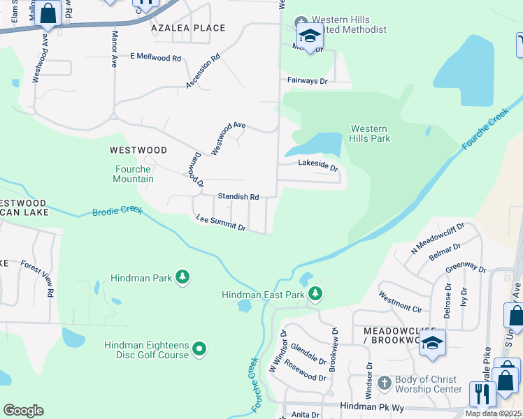 map of restaurants, bars, coffee shops, grocery stores, and more near 5427 Cardinal Road in Little Rock