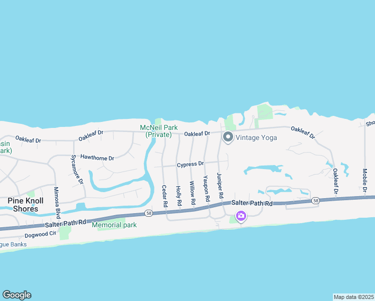 map of restaurants, bars, coffee shops, grocery stores, and more near 129 Willow Road in Pine Knoll Shores