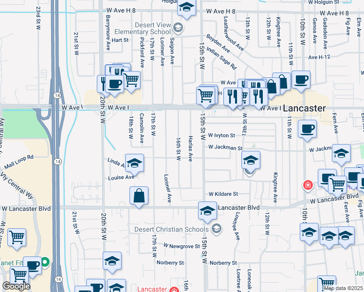 map of restaurants, bars, coffee shops, grocery stores, and more near 45026 16th Street West in Lancaster