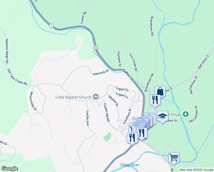 map of restaurants, bars, coffee shops, grocery stores, and more near 334 Logan Circle in Ellijay