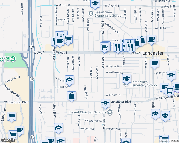 map of restaurants, bars, coffee shops, grocery stores, and more near 45023 16th Street West in Lancaster