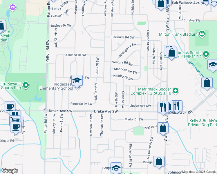 map of restaurants, bars, coffee shops, grocery stores, and more near 3105 Hillsboro Road Southwest in Huntsville
