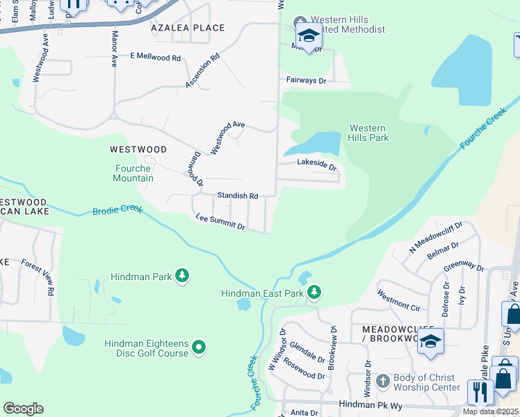 map of restaurants, bars, coffee shops, grocery stores, and more near 5427 Cardinal Road in Little Rock
