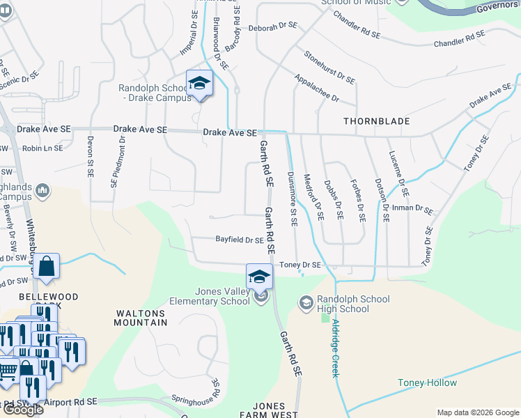 map of restaurants, bars, coffee shops, grocery stores, and more near 4210 Garth Road Southeast in Huntsville