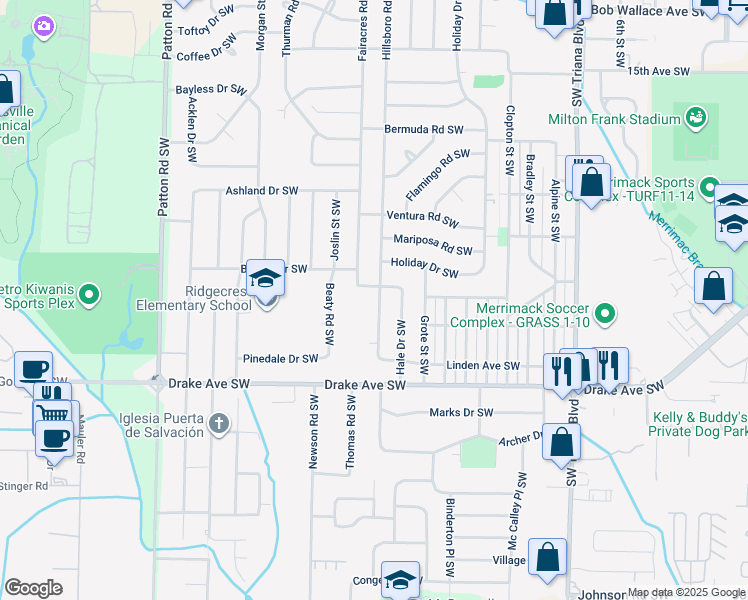 map of restaurants, bars, coffee shops, grocery stores, and more near 3105 Hillsboro Road Southwest in Huntsville