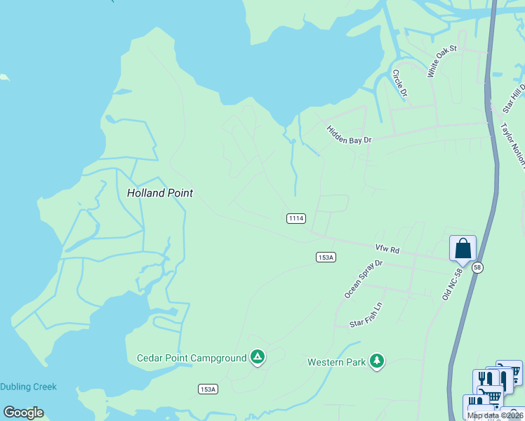 map of restaurants, bars, coffee shops, grocery stores, and more near 109 Meadowbrook Court in Cape Carteret