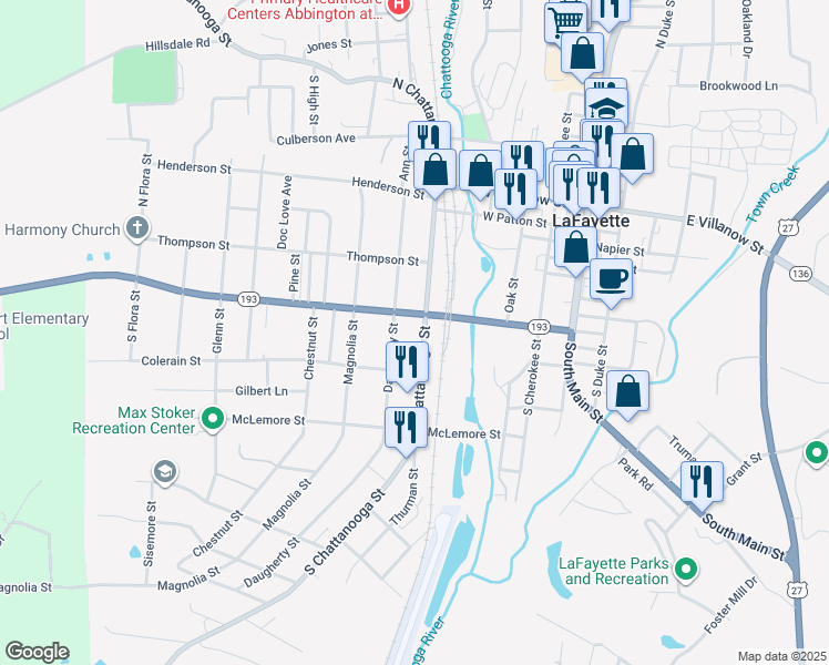 map of restaurants, bars, coffee shops, grocery stores, and more near 406 South Chattanooga Street in LaFayette