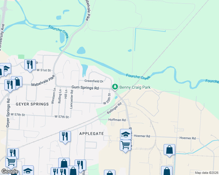 map of restaurants, bars, coffee shops, grocery stores, and more near 61 Rosemoor Drive in Little Rock