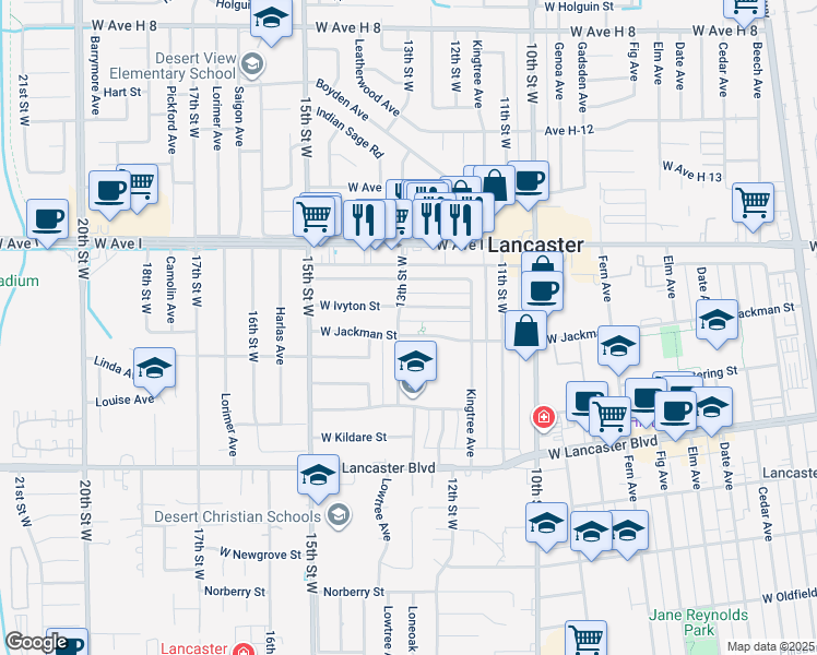 map of restaurants, bars, coffee shops, grocery stores, and more near 1241 West Jackman Street in Lancaster