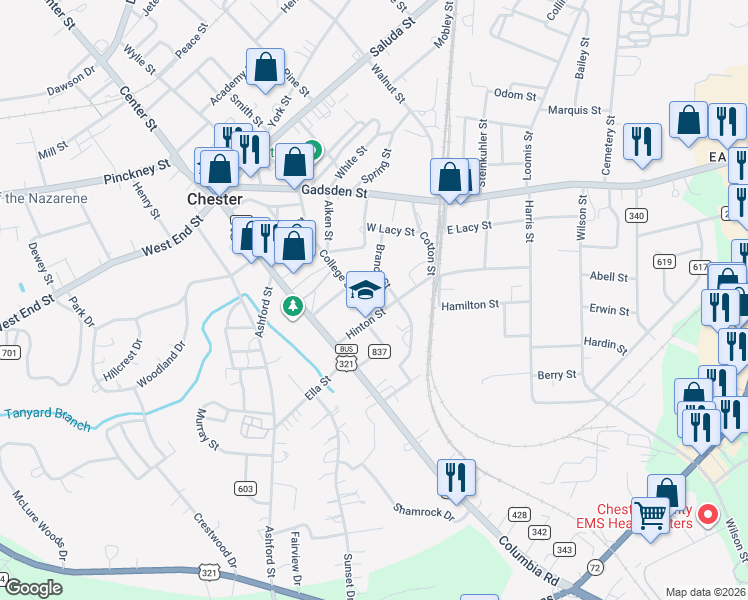 map of restaurants, bars, coffee shops, grocery stores, and more near 116 Hinton Street in Chester