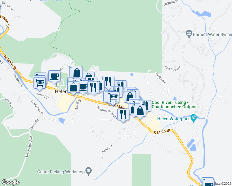 map of restaurants, bars, coffee shops, grocery stores, and more near 859 Edelweiss Strasse in Helen