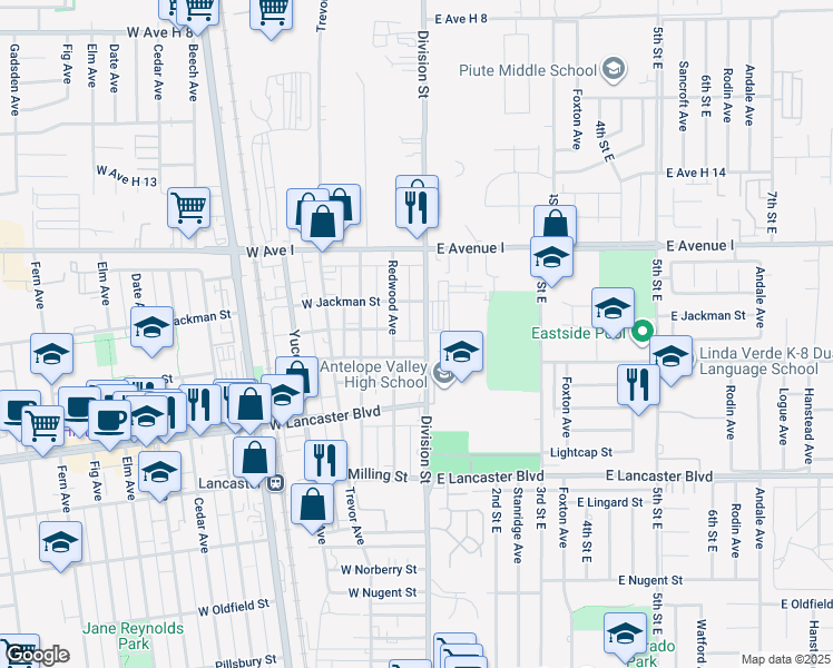 map of restaurants, bars, coffee shops, grocery stores, and more near 45018 Redwood Avenue in Lancaster