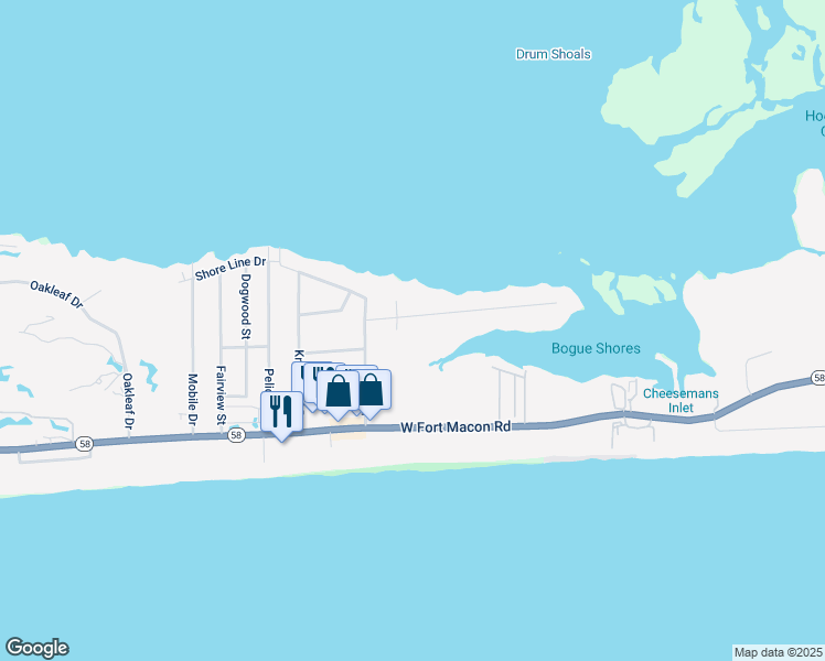 map of restaurants, bars, coffee shops, grocery stores, and more near 105 South Court in Atlantic Beach