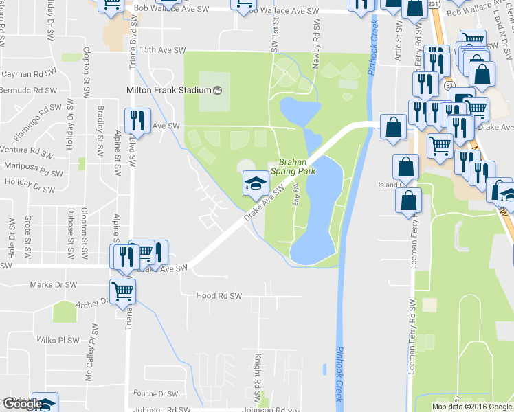 map of restaurants, bars, coffee shops, grocery stores, and more near 2800 Drake Avenue Southwest in Huntsville
