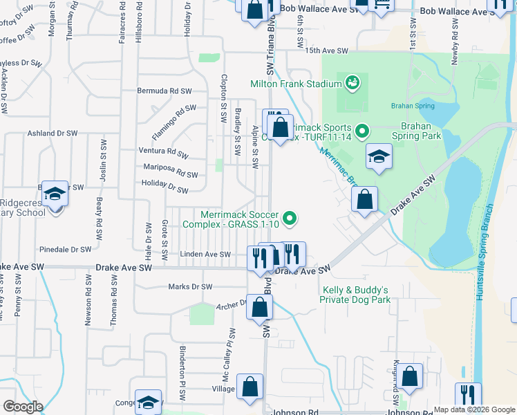 map of restaurants, bars, coffee shops, grocery stores, and more near 3507 Alpine Street Southwest in Huntsville