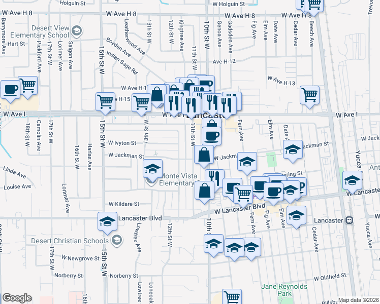 map of restaurants, bars, coffee shops, grocery stores, and more near 45015 11th Street West in Lancaster