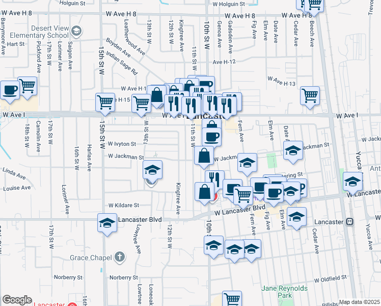 map of restaurants, bars, coffee shops, grocery stores, and more near 45015 11th Street West in Lancaster