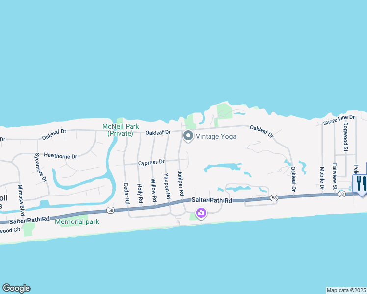 map of restaurants, bars, coffee shops, grocery stores, and more near 132 Juniper Road in Pine Knoll Shores