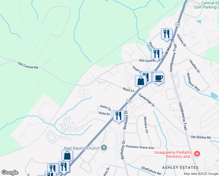 map of restaurants, bars, coffee shops, grocery stores, and more near 201 West Lane in Clemson