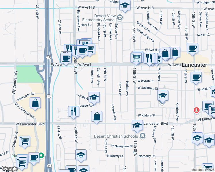 map of restaurants, bars, coffee shops, grocery stores, and more near 45020 17th Street West in Lancaster