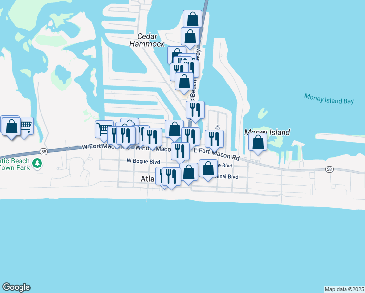 map of restaurants, bars, coffee shops, grocery stores, and more near 105 Atlantic Beach Causeway in Atlantic Beach