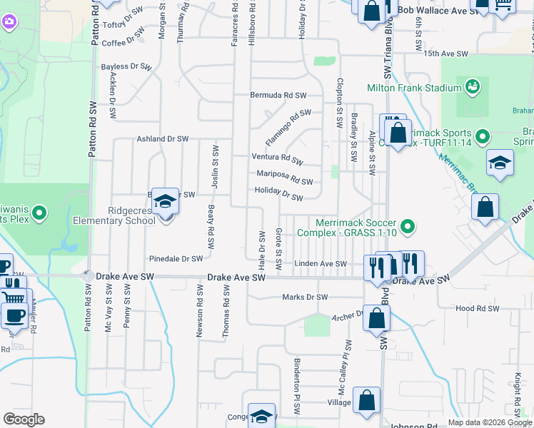map of restaurants, bars, coffee shops, grocery stores, and more near 3502 Grote Street Southwest in Huntsville