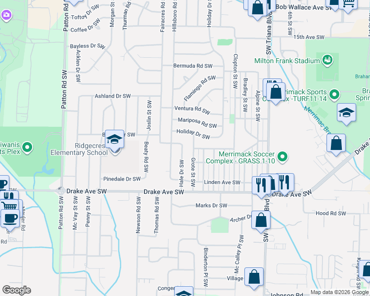 map of restaurants, bars, coffee shops, grocery stores, and more near 3502 Grote Street Southwest in Huntsville